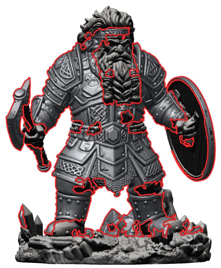 The figure with armour, chain mail, axe head and shield rim outlined in red for silver