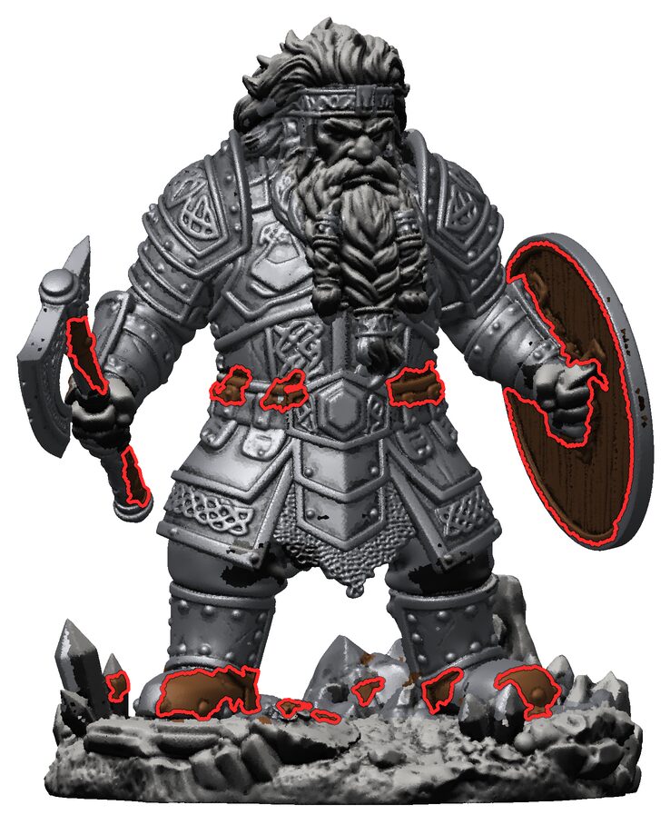 The figure with belt, boots, axe grip and wooden shield planks outlined in red for leather and wood