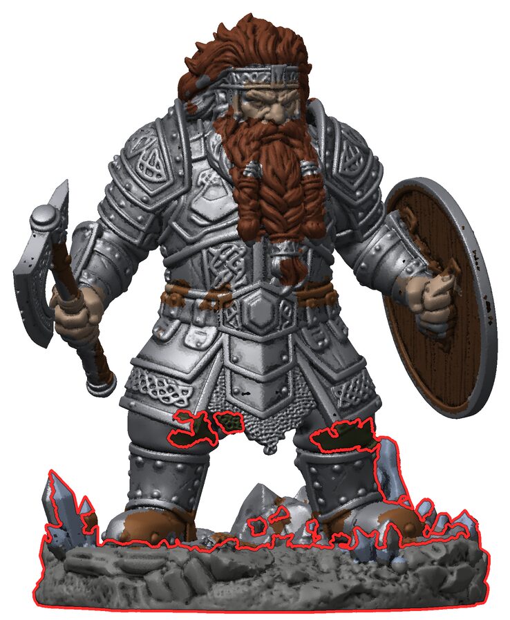 The figure with the trousers, rock base and crystals outlined in red