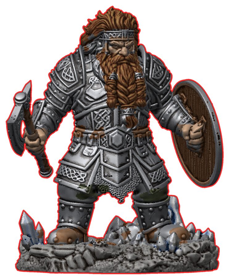 The fully highlighted figure outlined in red: edge highlights, hair, skin and drybrushed rock